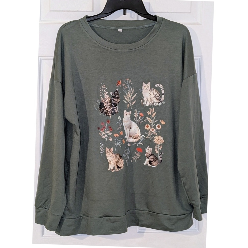 Olive Green Botanical Cat Graphic Long‎ Sleeve Sweatshirt Large Cottagecore NEW